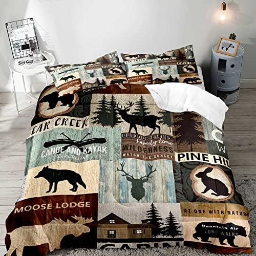 LUVIVIHOME 2PCS Black Bear Moose Deer Comforter Set, Twin Comforter, Pine Tree Woodland Rabbit Wolf Forest Animal Wildlife Hunting Cabin Lodge Vintage Country Rustic Farmhouse Bedding, 1 Pillow Sham