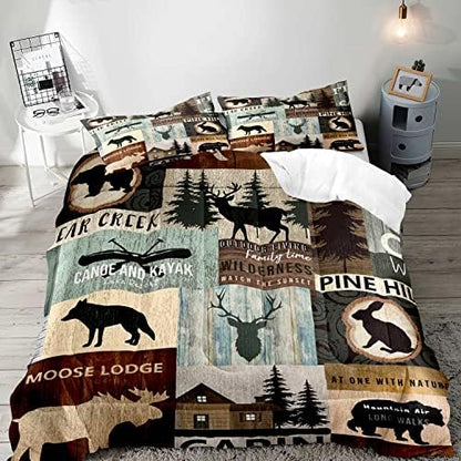 LUVIVIHOME 3PCS Black Bear Moose Deer Comforter Set, Full Size Comforter, Pine Tree Forest Animal Rabbit Elk Wolf Wildlife Hunting Cabin Lodge Vintage Country Rustic Farmhouse Bedding, 2 Pillow Shams