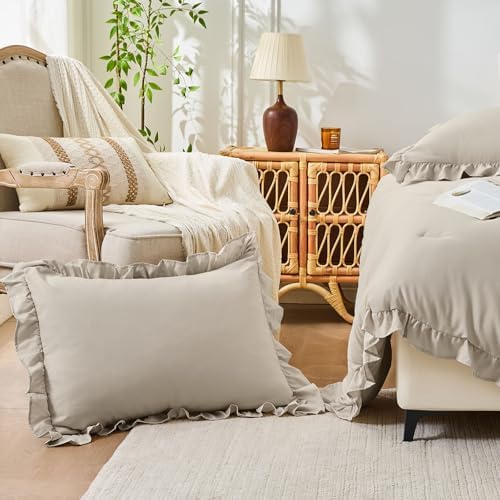 FUANNA Queen Comforter Set, 3 Pieces Bedding Sets, Ruffle Bed Set, Oatmeal