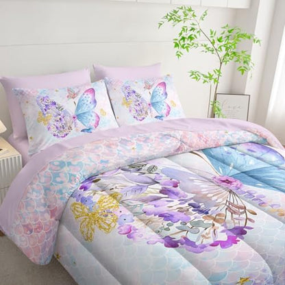 7Pcs Cartoon Butterfly Comforter Set Watercolor Printed Bedding Set with 1 Comforter, 1 Flat Sheet, 1 Fitted Sheet and 4 Pillowcases for Bedroom All Season(Butterfly-3 Full)