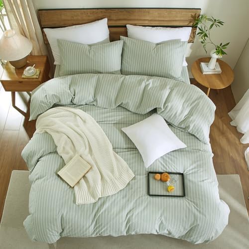 Striped Duvet Cover Set 100% Washed Cotton Linen Feel Queen