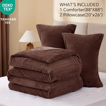 ChiXpace Fleece Queen Comforter Set Hot Chotolate, Fluffy Bed Set 3 Pieces