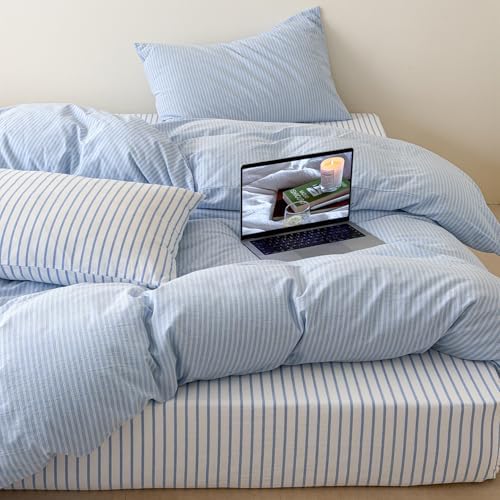 Mucalis Blue Striped Duvet Cover Set King Pinstripe Duvet Cover 100% Washed Cotton White Stripes Patterned 3 Piece Vintage Striped Bedding Set with Zipper Closure Corner Ties,Soft Breathable