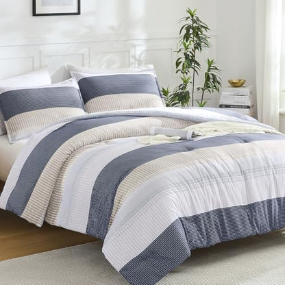 Litanika Blue Yellow Oversized King Comforter Set - 3 Pieces Stripe Bed Set