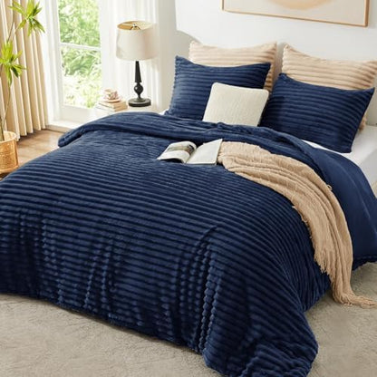 EXQ Home Fluffy Comforter Set Queen Size,3 Pieces Bed Set,Navy Blue
