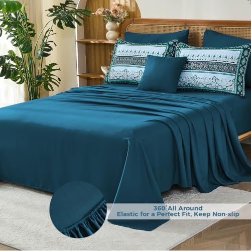 Teal Blue Boho Comforter Set Queen Size,8 Pieces Striped Bed in a Bag
