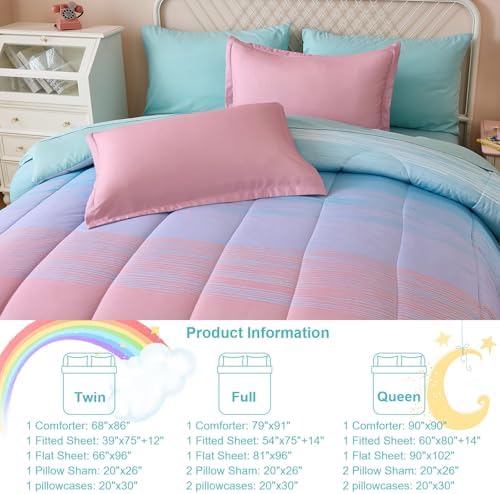 Dinjoy Girls Comforter Set Twin Size 5 Pieces Bed in A Bag Colorful Ombre Pink Green Rainbow Bedding Set for Kids Teen (1 Comforter, 1 Flat Sheet, 1 Fitted Sheet, 1 Pillow sham, 1 Pillowcases)