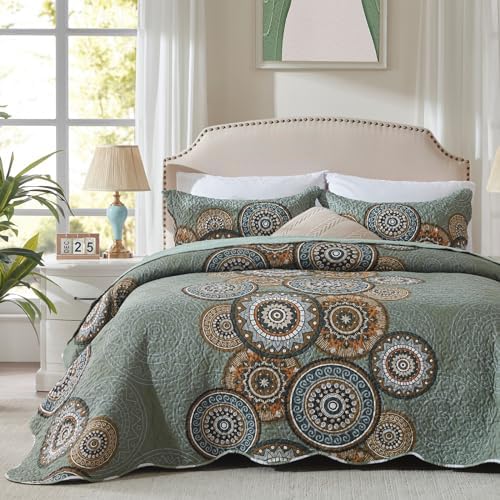LEAONME 3-Piece Full Queen Size Olive Green Quilt Set Lightweight Oversized Bedspread 90''x98'' Soft Microfiber Floral Coverlet Luxurious Warm Bed Cover for All Seasons (1 Quilt, 2 Pillow Shams)