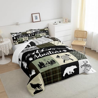 Castle Fairy Deer Antlers Comforter Set Twin Size,Bear Pine Arrow Hunting Adventure Bedding Set for Kids Boys Men,Camper Retro Green Plaid Checkered Quilted Duvet Set with 1 Pillowcase