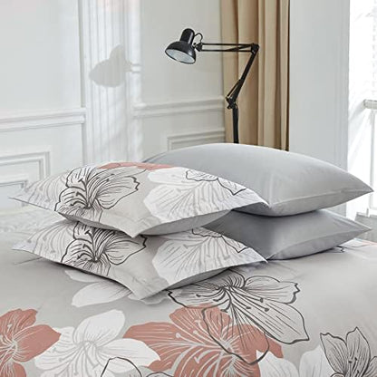Floral Comforter Set King, 7 Pieces Blush Pink Flower on Grey Bedding Set