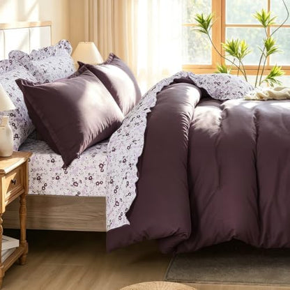 WONGS BEDDING 8PC King Comforter Set, Ruffle Comforter with Floral Sheets
