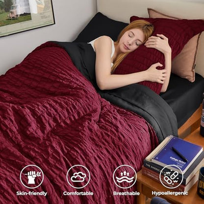 HYMOKEGE Red & Black Twin Comforter Set Seersucker 5 Pieces, All Season Luxury Bed in a Bag for Bedroom, Bedding Set with Comforters, Sheets, Pillowcase & Sham