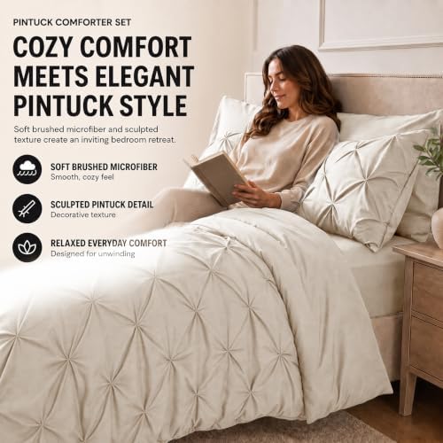 HIMEET Queen Comforter Set Beige - 7 Pieces Pintuck Bed in a Bag