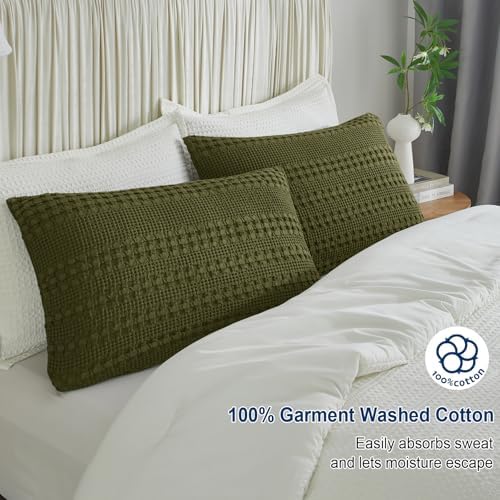PHF 100% Cotton Waffle Pillow Shams King Size, 2 Pack 20" x 36" Soft Skin-Friendly Pillowcases, No Filling, Aesthetic Woven and Breathable Waffle Weave Pillow Case Covers for Bed, Capulet Olive