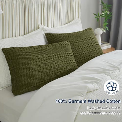 PHF 100% Cotton Waffle Pillow Shams King Size, 2 Pack 20" x 36" Soft Skin-Friendly Pillowcases, No Filling, Aesthetic Woven and Breathable Waffle Weave Pillow Case Covers for Bed, Capulet Olive