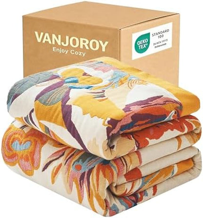 VANJOROY Boho Throw Blanket 100% Organic Cotton 60x80 for Bed Couch, Floral