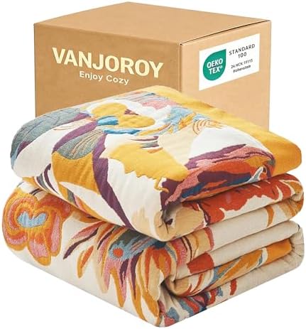 VANJOROY King Extra Large Boho Throw Blanket Oversized 91" x 108", 100% Organic Cotton Soft Bed Throw - Floral Bird Butterfly Pattern Farmhouse Blanket for Couch Sofa Chair and Gift.