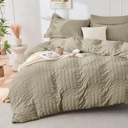 HYMOKEGE Linen Full Size Comforter Sets Seersucker 7 Pieces, All Season Luxury Bed in a Bag for Bedroom, Bedding Set with Comforter, Sheets, Pillowcases & Shams