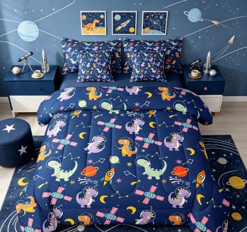 Feelyou Kids Cute Dinosaur 7 Piece Bedding Set Twin Size Solar System Comforter Set with Sheets for Boys Girls Moon Star Print Bed in a Bag Navy Blue Bed Set