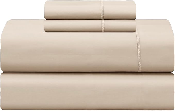 Feather & Stitch 500 TC Queen Size 4pc Damask Bed Sheet Set, 100% Soft Cotton Breathable Bedsheets, 18" Deep Pockets Sateen Weave Striped Bedding Mattress Resort Hotel Luxury Decor - (Champagne Beige)