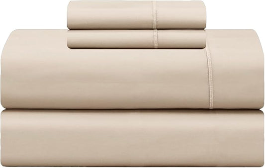 Feather & Stitch 500 TC Twin Size 3pc Damask Bed Sheet Set, 100% Soft Cotton Breathable Bedsheets, 18" Deep Pockets Sateen Weave Striped Bedding Mattress Resort Hotel Luxury Decor - (Champagne Beige)