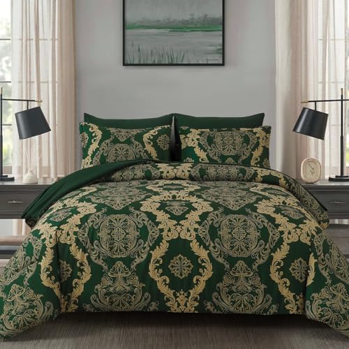 WONGS BEDDING Green Damask King Size Comforter Set, 7 Piece Texture Microfiber Comforter Bedding Set for All Season, Bed in a Bag with Comforter, Flat Sheet, Fitted Sheet, Pillowcases & Shams