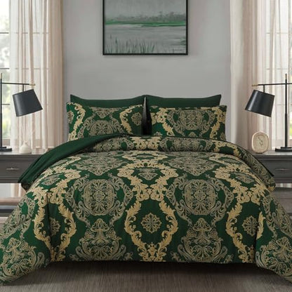 WONGS BEDDING Green Damask King Size Comforter Set, 7 Piece Texture Microfiber Comforter Bedding Set for All Season, Bed in a Bag with Comforter, Flat Sheet, Fitted Sheet, Pillowcases & Shams