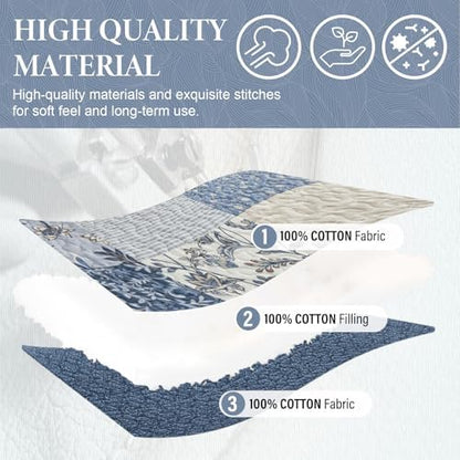 SahSahCasa 120"x102" 100% Cotton Oversized Queen Bedspread Coverlet Striped Quilt Set, Quilted Bedspread Extra Large Quilt, XL Bed Spread Lightweight Comforter, 3pc, Blue/White