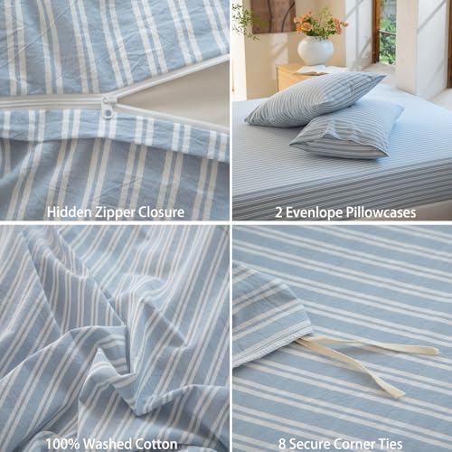 Striped Duvet Cover Set Full Size 3 Piece 100% Washed Cotton Linen Feel Bedding Comfy Breathable Modern Farmhouse (Full, Double Stripe-Light Blue/White)