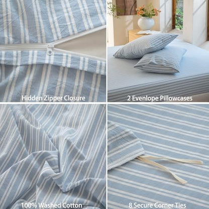 Striped Duvet Cover Set Queen Size 3 Piece 100% Washed Cotton Linen Feel Bedding Comfy Breathable Modern Farmhouse (Queen, Double Stripe-Light Blue/White)