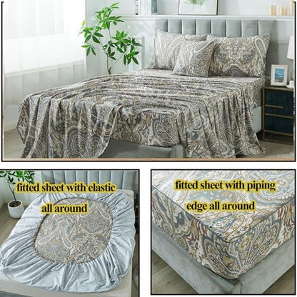 FADFAY Paisley Sheets Set Full Classic Boho Paisley Bedding Luxurious Bohemian Damask Paisley Bed Sheet Set Breathable 100% Egyptian Cotton 800 Thread Count Deep Pocket Fitted Sheet 4Pcs, Full Size