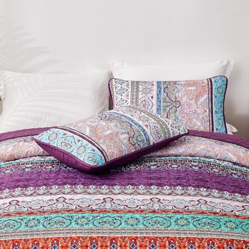 WONGS BEDDING Purple Quilt Queen Size, Boho Stripe Bedding Set, 96"x90"