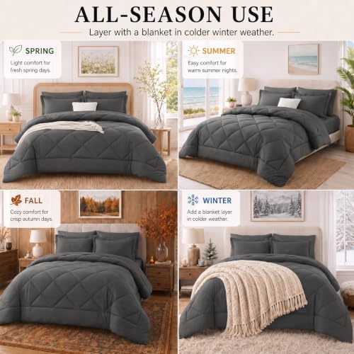 CozyLux Super King Plus Comforter Set 128"x120", 7 Piece, Dark Grey