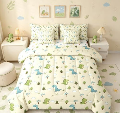 Feelyou Cute Dinosaur 7 Piece Bedding Set Cartoon Dino Comforter Set with Sheets for Kids Boys Girls Animal Theme Bed in a Bag Yellow Blue Green Bed Set Soft Lightweight