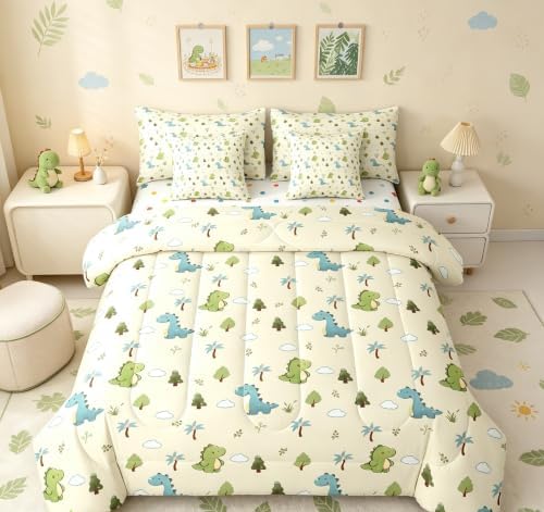 Feelyou Cute Dinosaur 7 Piece Bedding Set Cartoon Dino Comforter Set with Sheets for Kids Boys Girls Animal Theme Bed in a Bag Yellow Blue Green Bed Set Soft Lightweight