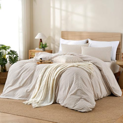 TOCOMOA Brown Striped Duvet Cover Set 100% Washed Cotton Like Linen, King