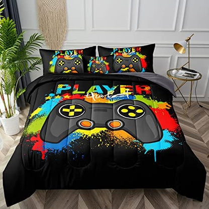 BDUCOK Gamer Comforter Set Gaming Twin Size,Video Game Controller Comforter for Boys Kids Adult 3D Gamepad Microfiber Bedding Sets 5 Pieces Bed in A Bag Sets30019,Twin