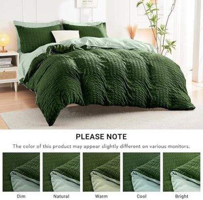HYMOKEGE Dark Green/Sage Green California King Comforter Set Seersucker 7 Pieces, All Season Luxury Bed in a Bag for Bedroom, Bedding Set with Comforter, Sheets, Pillowcases & Shams