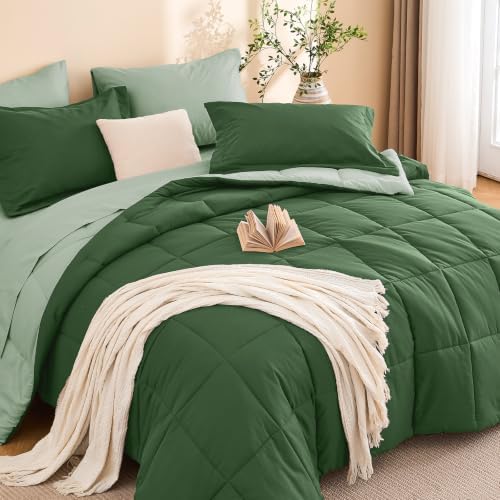 Full Comforter Set with Sheets - 7 Pieces Bed in a Bag Green Bedding Sets