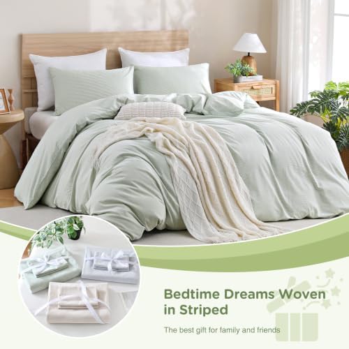 TOCOMOA Sage Green Striped Duvet Cover Set Washed Cotton Like Linen, Queen