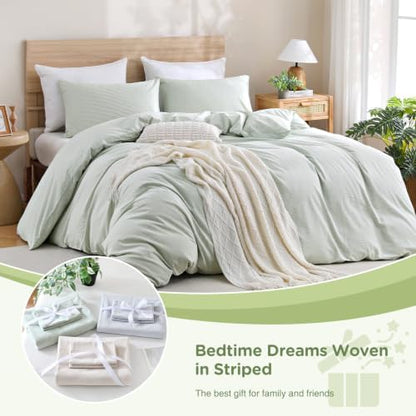 TOCOMOA Sage Green Striped Duvet Cover Set Washed Cotton Like Linen, King