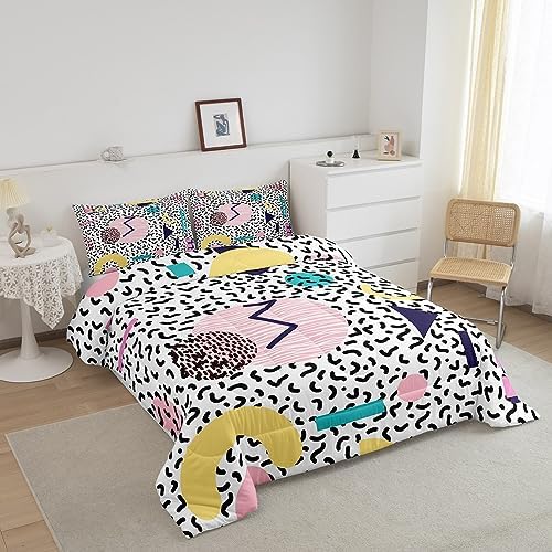 Manfei Memphis Comforter Set Queen Size, Vintage Hip Hop Quilt Set with 2 Pillowcases, Retro 80s or 90s Geometric Fashion Style Bedding Set 3pcs for Kids Boy Girls Lightweight Duvet Insert