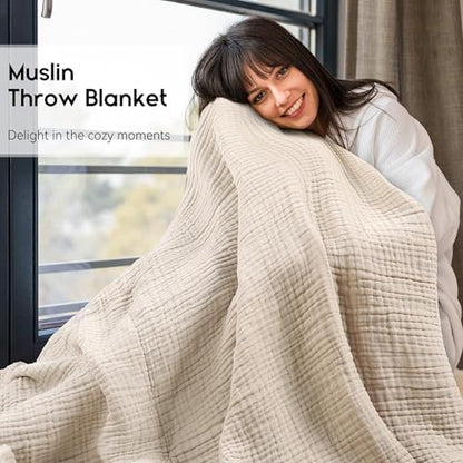 Yoofoss Muslin Blanket 100% Organic Cotton Throw Large 90" x 90" for Bed Couch Summer Gauze Blanket for Adults Lightweight and Breathable Apricot White