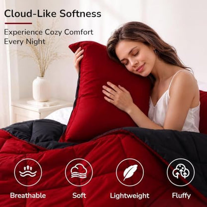 downluxe Twin Comforter Set Soft Reversible 2 Pieces, Black/Red