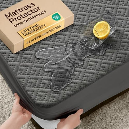 100% Waterproof Queen Mattress Protector - 360 Pad Protection Against Spills, Stains & Accidents for Parents & Pet Owners - Noiseless & Cooling Viscose Made from Bamboo (Grey)