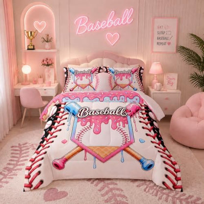 BSNTHO Baseball Queen Size, Comforter Set Ice Cream Kids Comforter 3Pcs