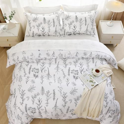 MUXHOMO White Bed in a Bag Queen 7 Pieces, Queen Comforter Set Reversible Botanical Flowers Design, Ultra Soft & Breathable Bedding Sets with Comforter, Sheets, Pillowcases & Shams