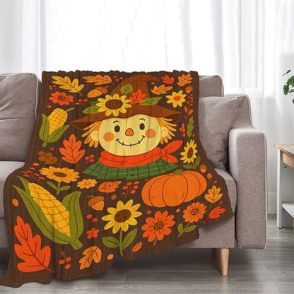 Fall Scarecrow Blanket Super Soft Warm Fluffy Fleece Flannel Farmhouse Autumn Throw Blanket Cozy Fuzzy Plush Thanksgiving Stuff Bedding Blankets Gifts for Women Kids Boys Girls Adults 60"X50"
