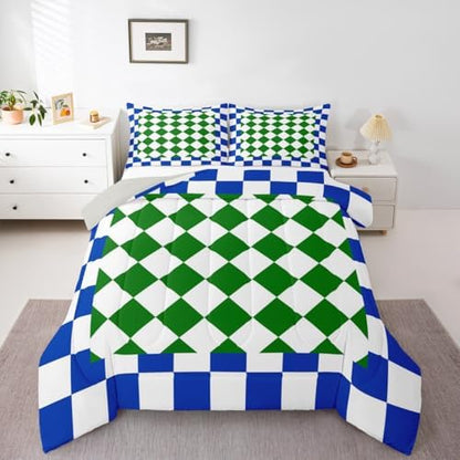 Feelyou Checkered Geometric Bedding Set for Boys Girls Blue Green Plaid Comforter Set King Size Checkerboard Modern Aesthetic Duvet Quilt Reversible Grey Bedroom Decor 3 Pcs with 2 Pillow Cases