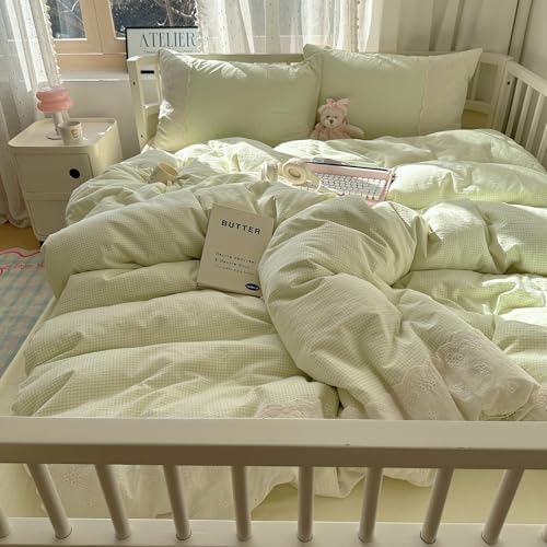 mixinni Green White Gingham Duvet Cover Twin XL Size - 3 Piece Cottagecore Plaid Bedding Set with Lace Trim, Soft Washed Microfiber Vintage Aesthetic Grid Comforter Cover & Pillow Shams